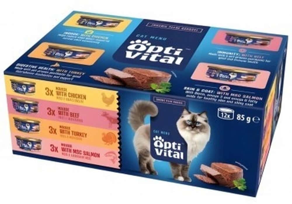 OptiVital Mini Multibox - Beef, chicken, turkey and salmon flavors for adult cats
