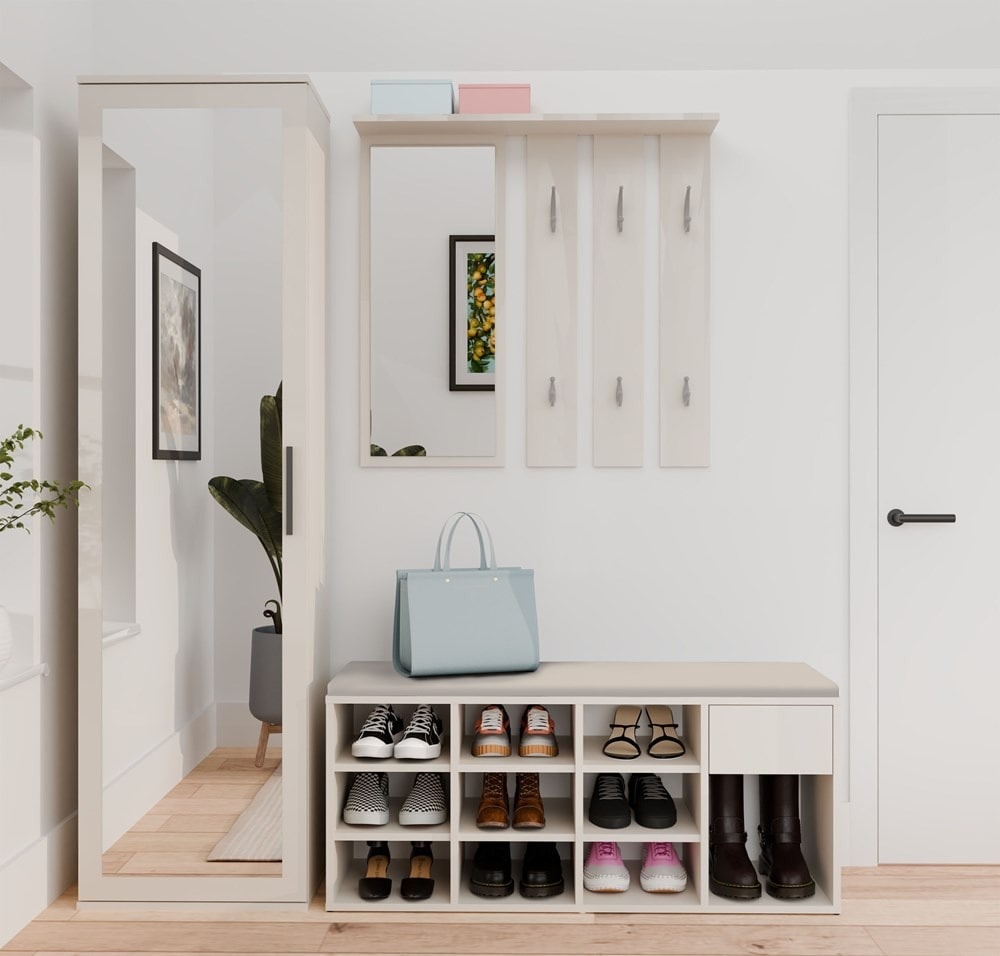 Tallin shoe cabinet cashmere beige - open with seat and drawer for the hallway