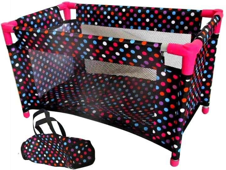 Doll crib playpen black with white polka dots and bedding - perfect for little caregivers