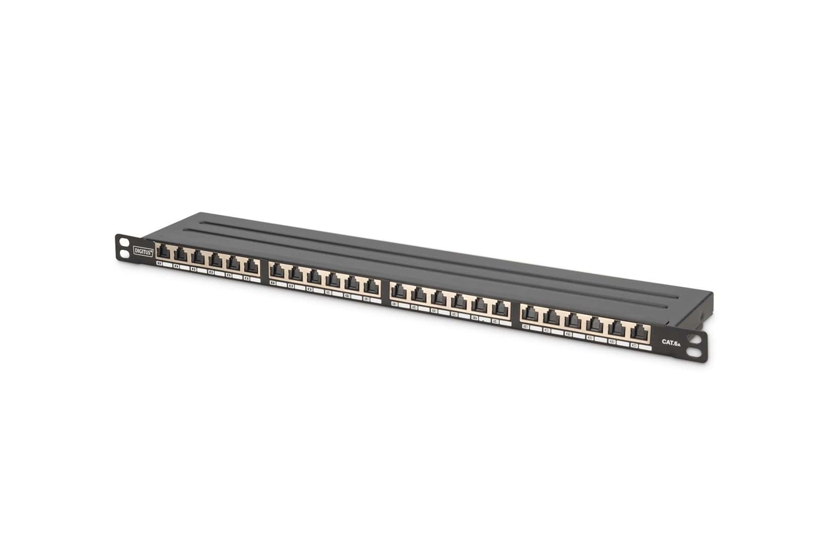 High Density 19'' Patch Panel 24x RJ45 Cat.6A Shielded with Cable Management - ideal for racks