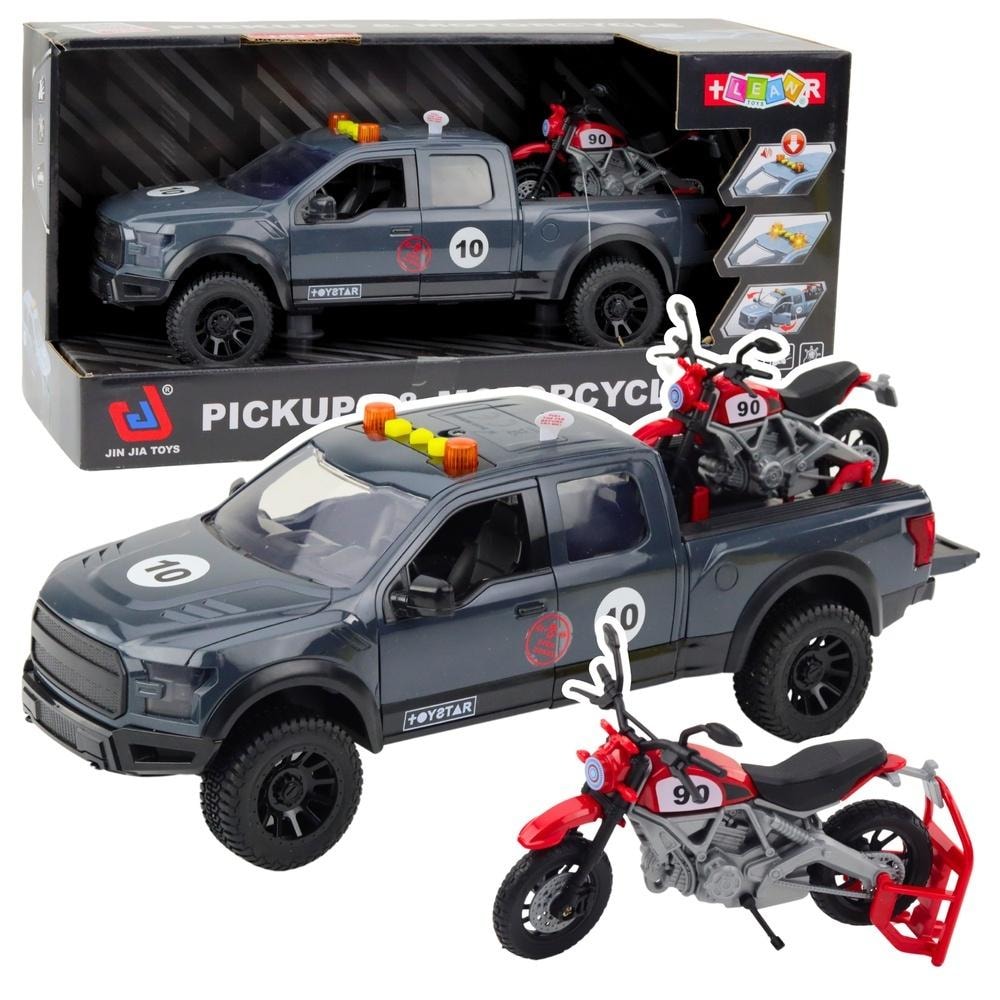 Leantoys Pickup truck with motorcycle light and sound 1:12 - perfect gift for motorsport fans