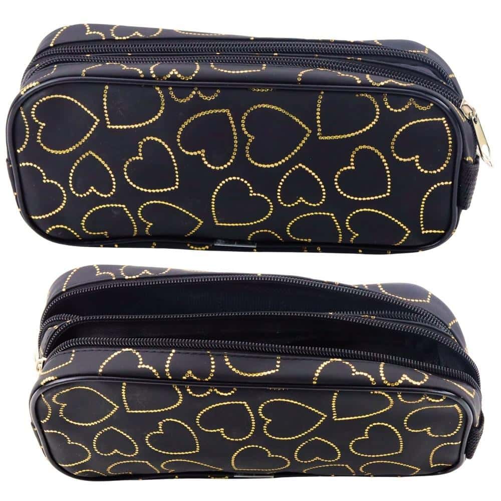 Two-compartment pencil case golden hearts black - ideal for girl