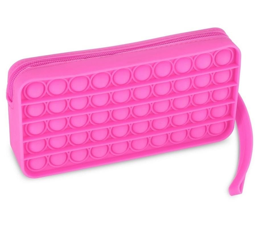 Easy Silicone pencil case with bubbles pink with zipper and strap