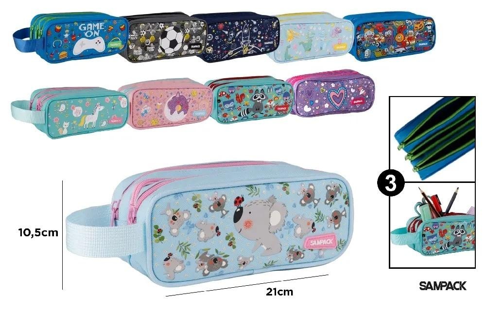Three-compartment pencil case with handle MIX - ideal for school