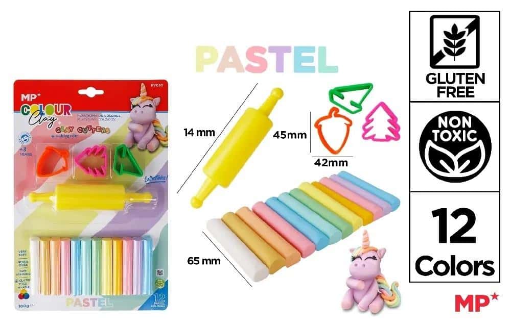Pastel Plasticine 12 colors - creative set with molds and roller
