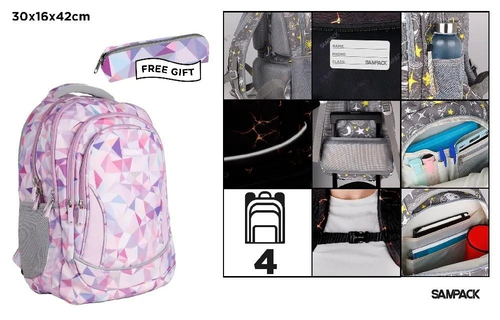 MP Main Paper Four-compartment school backpack with pencil case - lavender geometric