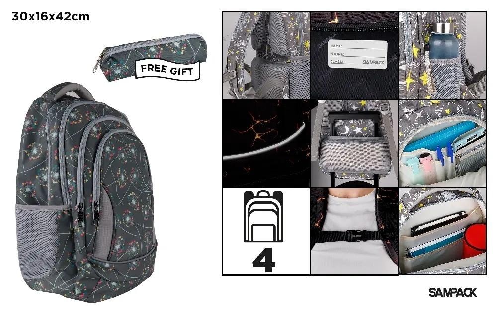 Four-compartment backpack with pencil case - graphite dandelion ideal for school