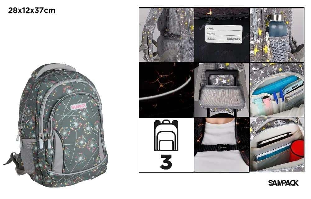 Three-compartment backpack Dandelions graphite - ideal for school