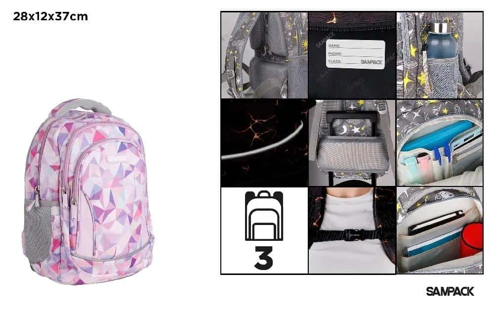 Three-compartment backpack geometric lavender - ideal for school