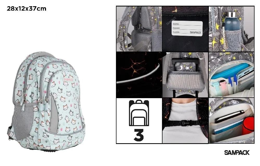 Kotki Backpack - Three-compartment school backpack gray-mint