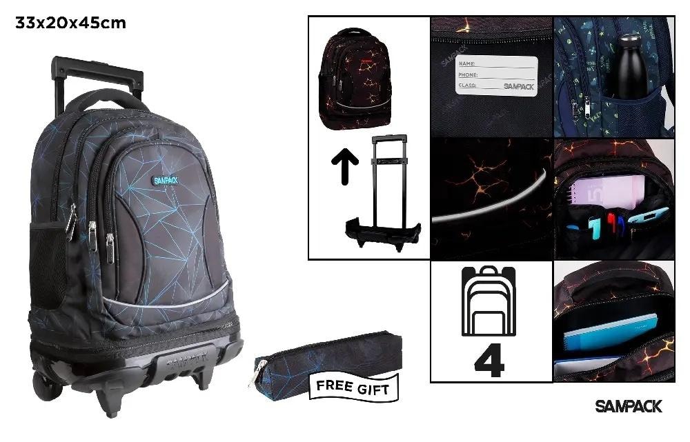 Wheeled backpack 4 compartments with pencil case - perfect for school
