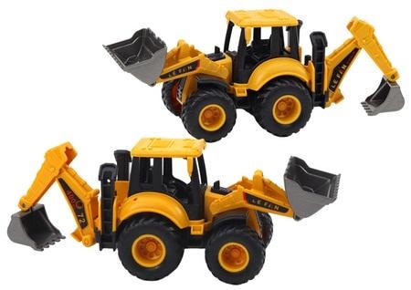 Yellow excavator construction vehicle with two shovels - perfect toy for a little builder