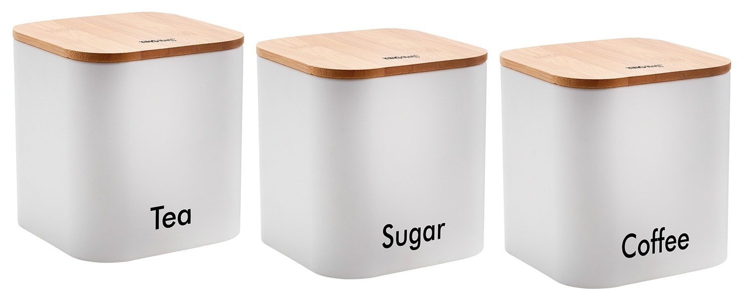 Kinghoff Kitchen Canisters - Set of 3 Steel Bamboo White