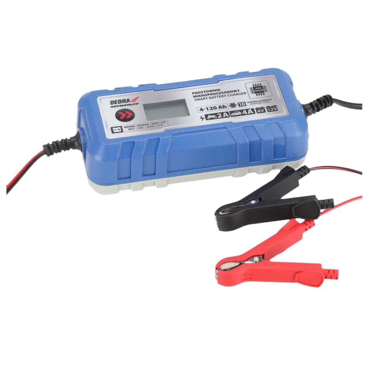 DEDRA Microprocessor Battery Charger 4A LCD - 6/12V Charger for 4-120Ah Batteries