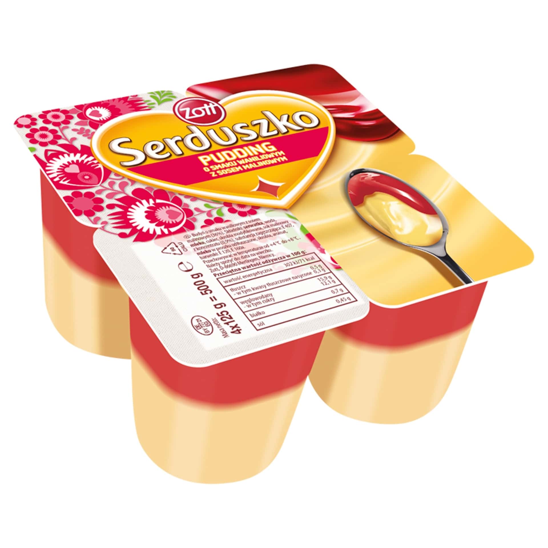 Zott Serduszko Pudding Vanilla/Raspberry 4x125g - ideal dessert for the whole family