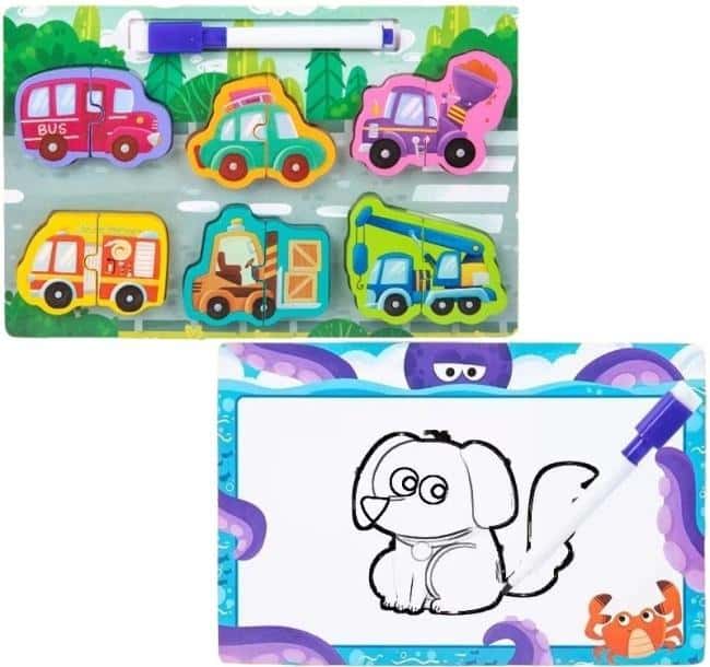 2-in-1 Wooden Puzzle with Drawing Board - Educational Toy for Kids