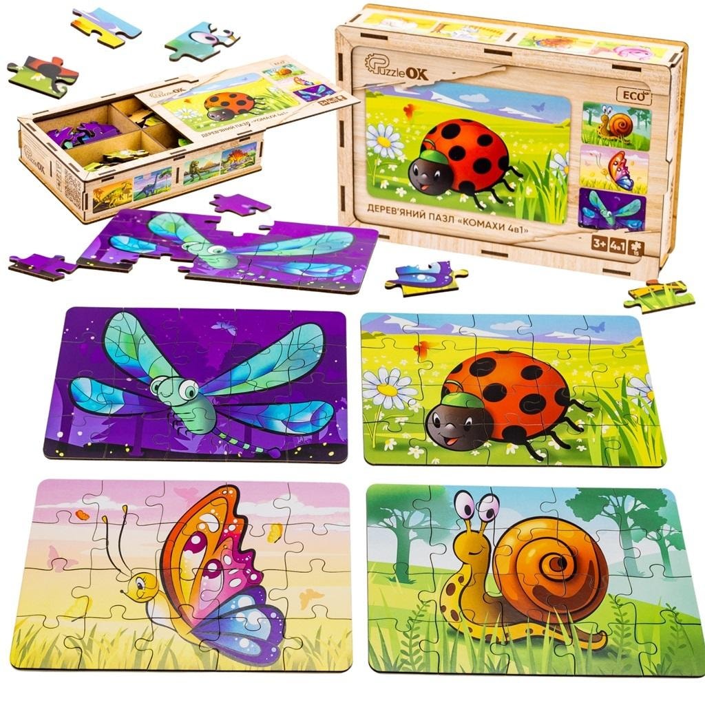 PuzzleOK Wooden Puzzle 4in1 Insects - educational toy for children 3+