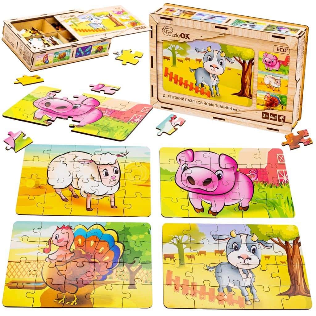 PuzzleOK Wooden puzzle 4in1 domestic animals - educational fun for children