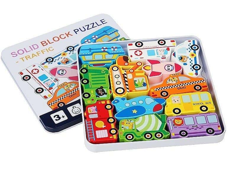 Adar Wooden puzzle vehicles in metal box - perfect as a gift