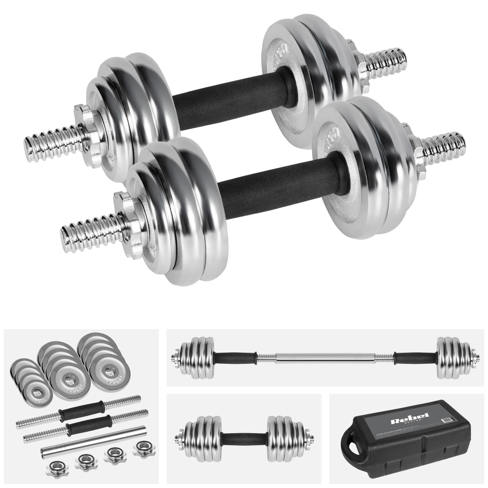 Rebel Active Adjustable Chrome Dumbbells 15 kg - Set with Case and Bar