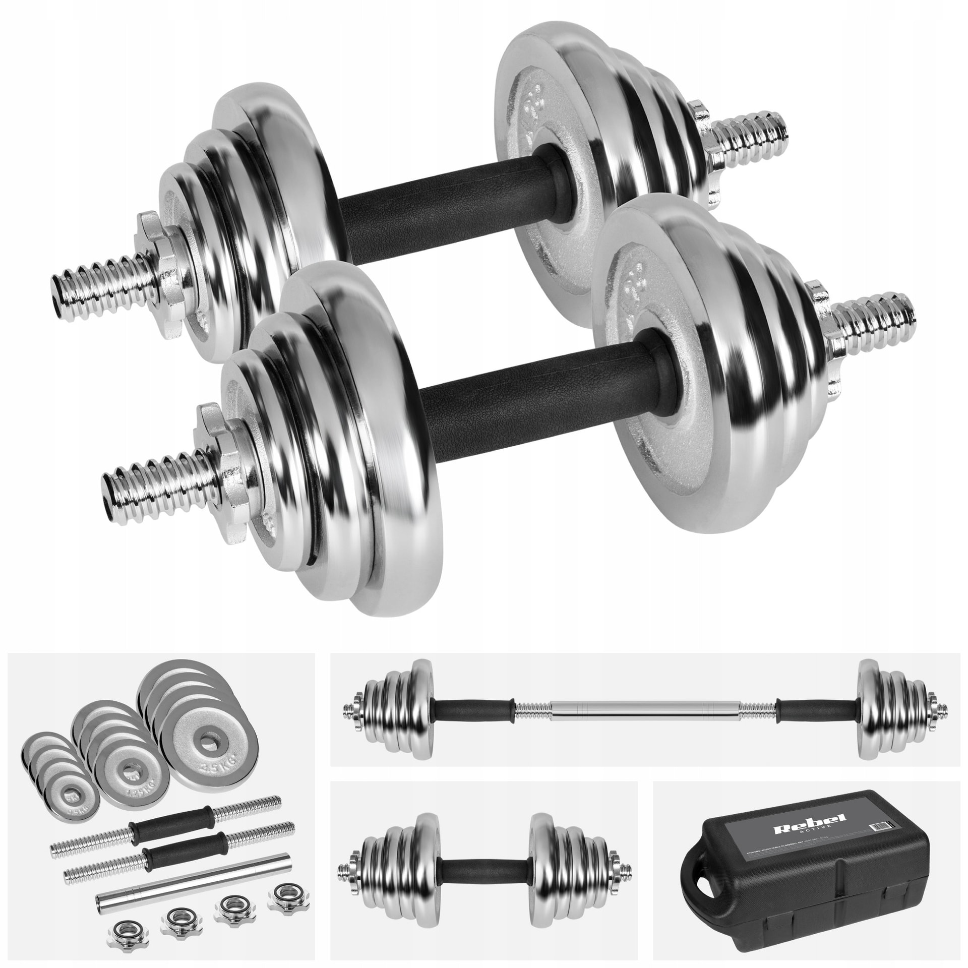 Rebel Active Adjustable Chrome Dumbbells 20 kg - Set with case and bar