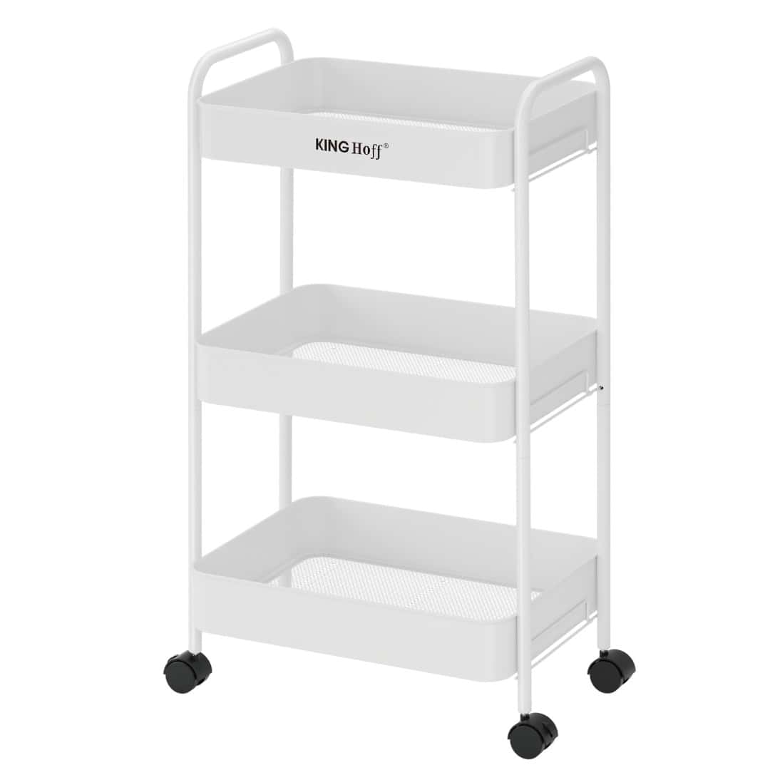 KINGHoff Mobile shelf three-tier - white steel cart with 360° wheels