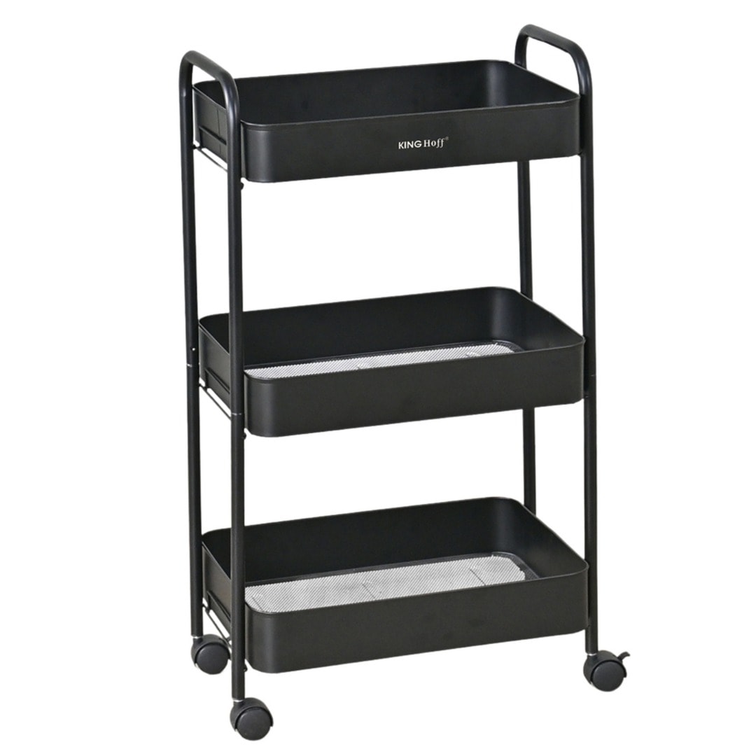 KINGHoff Mobile shelf three-level - black steel trolley on wheels 360°