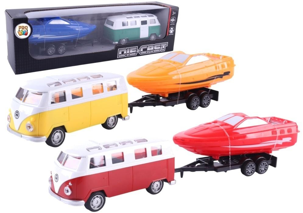 Retro car with boat on trailer - metal model for children