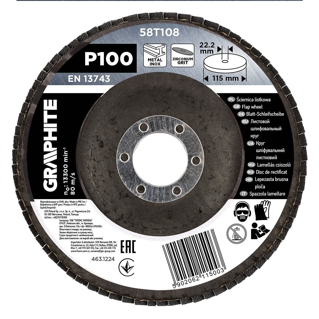GRAPHITE Zirconia flap disc 115 x 22.2 mm, P100