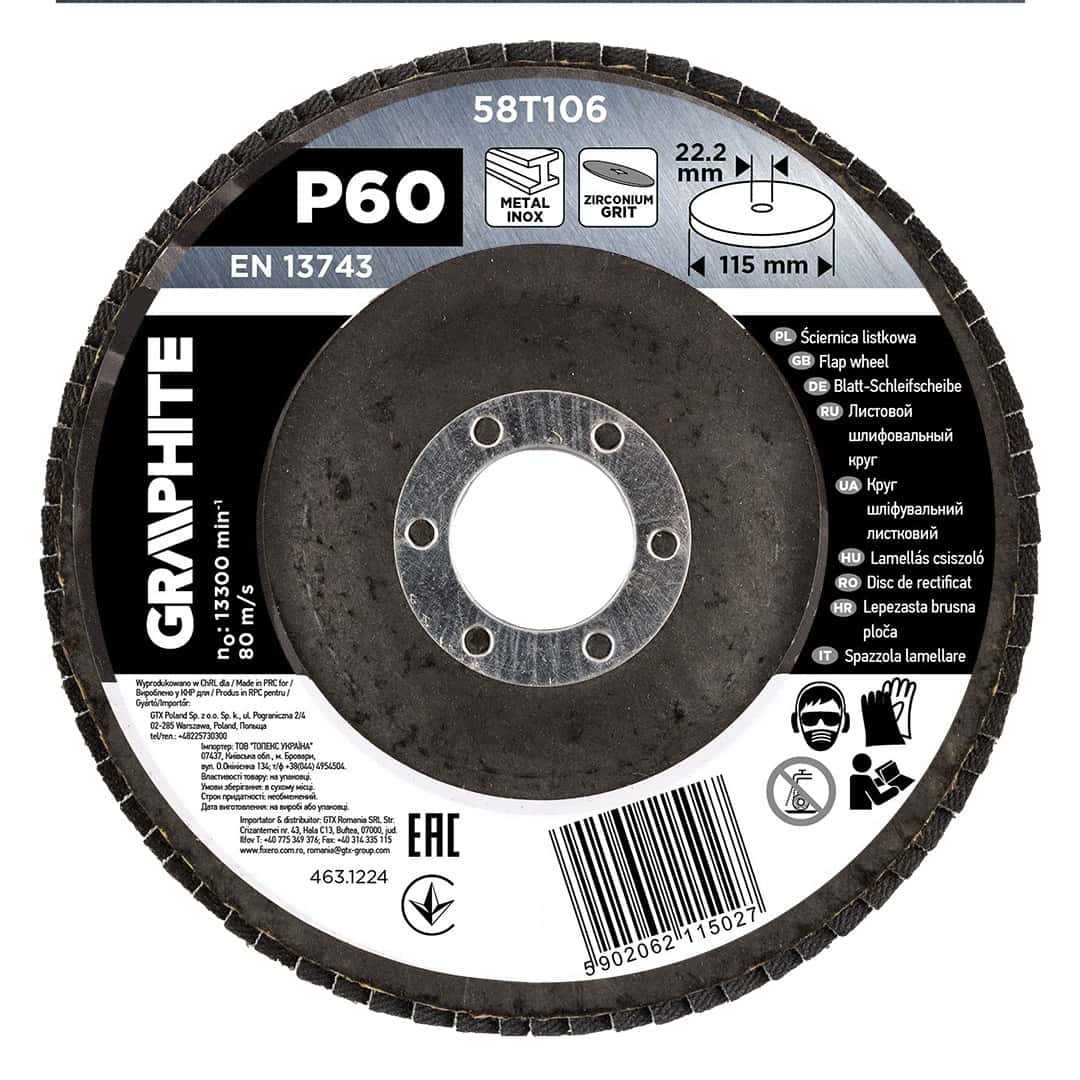 GRAPHITE Zirconium flap disc 115 x 22.2 mm, grit P60