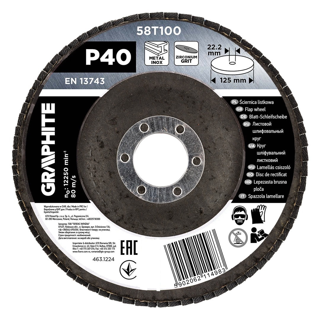 GRAPHITE Zirconium flap disc 125 x 22.2 mm, P40 - for steel grinding
