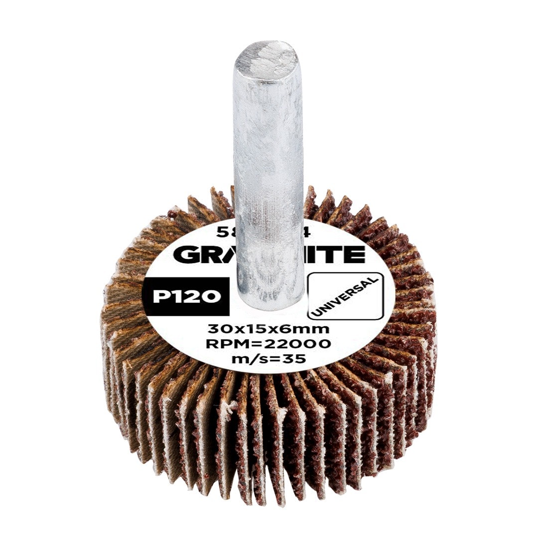 GRAPHITE Flap wheel with shank 30 x 15 mm, P120 - for hard-to-reach places