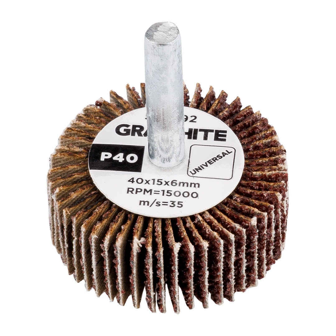 GRAPHITE Flap wheel with shank 40 x 15 x 6 mm, P40 - for hard-to-reach places