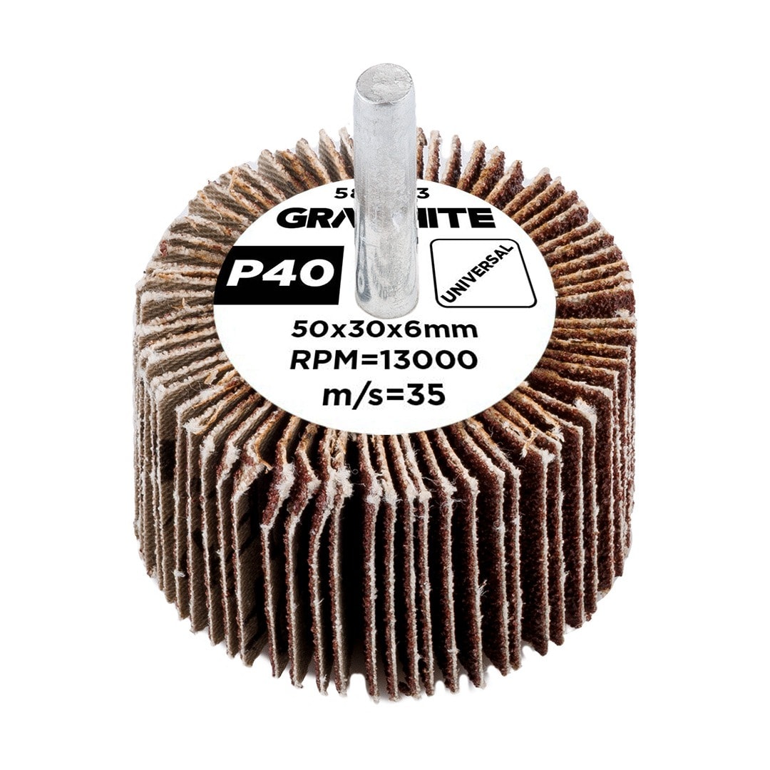 GRAPHITE Flap wheel with shank 50 x 30 x 6 mm, grit P40 - universal application