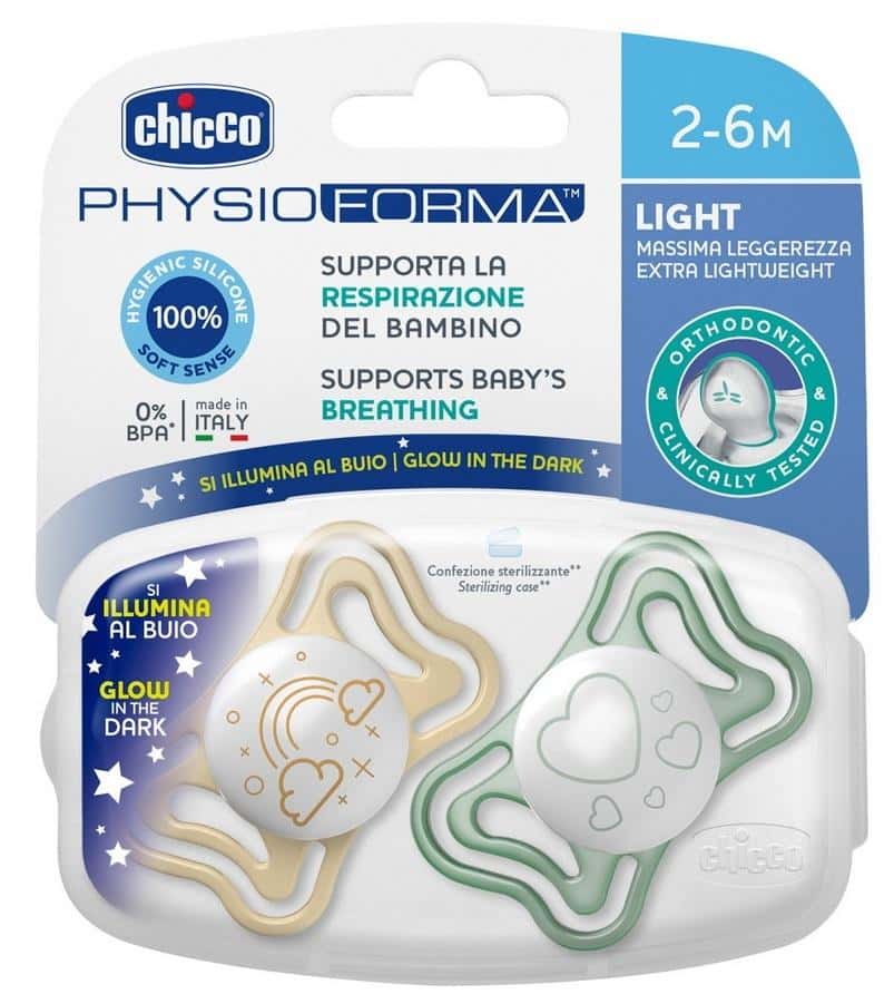 Chicco Soother Light Silicone Lumi 2 pcs - light and ergonomic