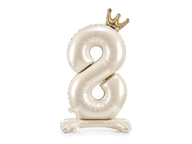 PartyDeco Standing foil balloon number 8 - light cream with crown