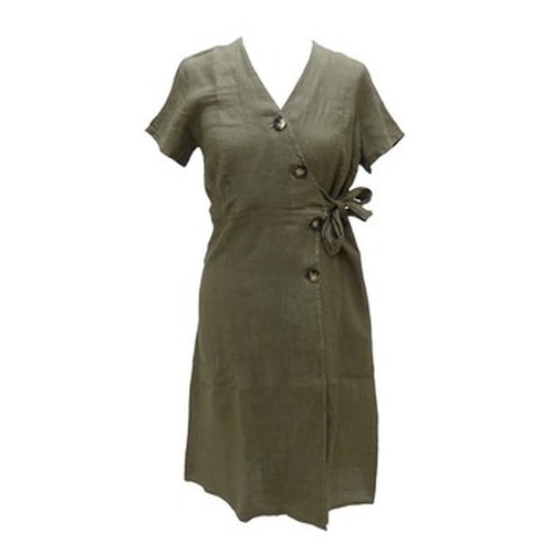 Women's Linen Dress with Pleats - Green XS perfect for summer