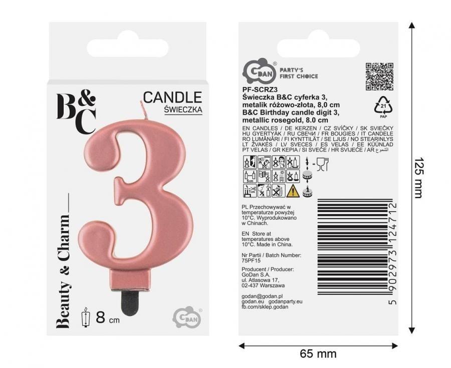 B&C Candle Number 3 Metallic Rose-Gold - perfect for cake