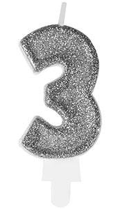 Premium Candle 3 Silver - Glitter Number for Cake