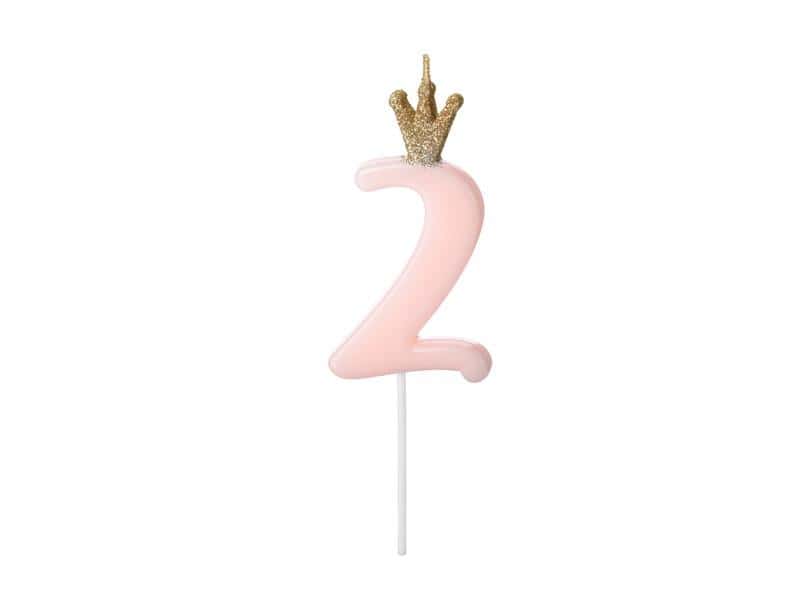 PartyDeco Birthday candle number 2 light pink 9.5 cm - perfect cake decoration