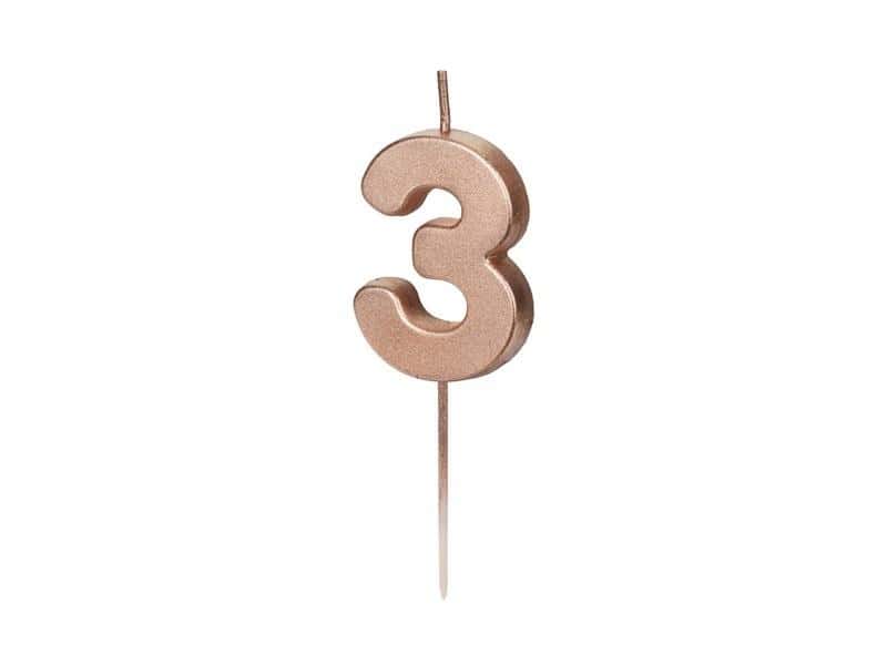 PartyDeco Birthday candle number 3 rose gold - perfect cake decoration