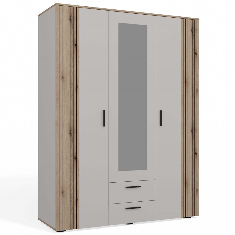 Three-door wardrobe with mirror and drawers Oak Evoke Cashmere Beige 150 cm