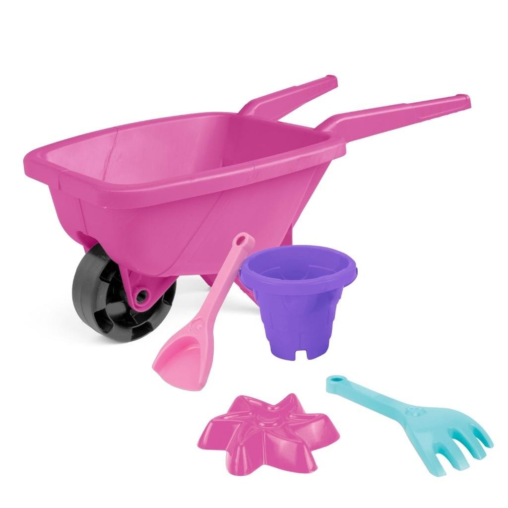 Pink wheelbarrow with sand toy set - perfect for beach fun