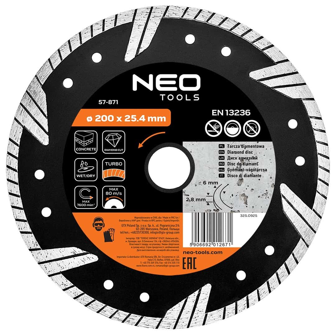 Diamond cutting disc 200 x 25.4 mm turbo - ideal for cutting hard materials