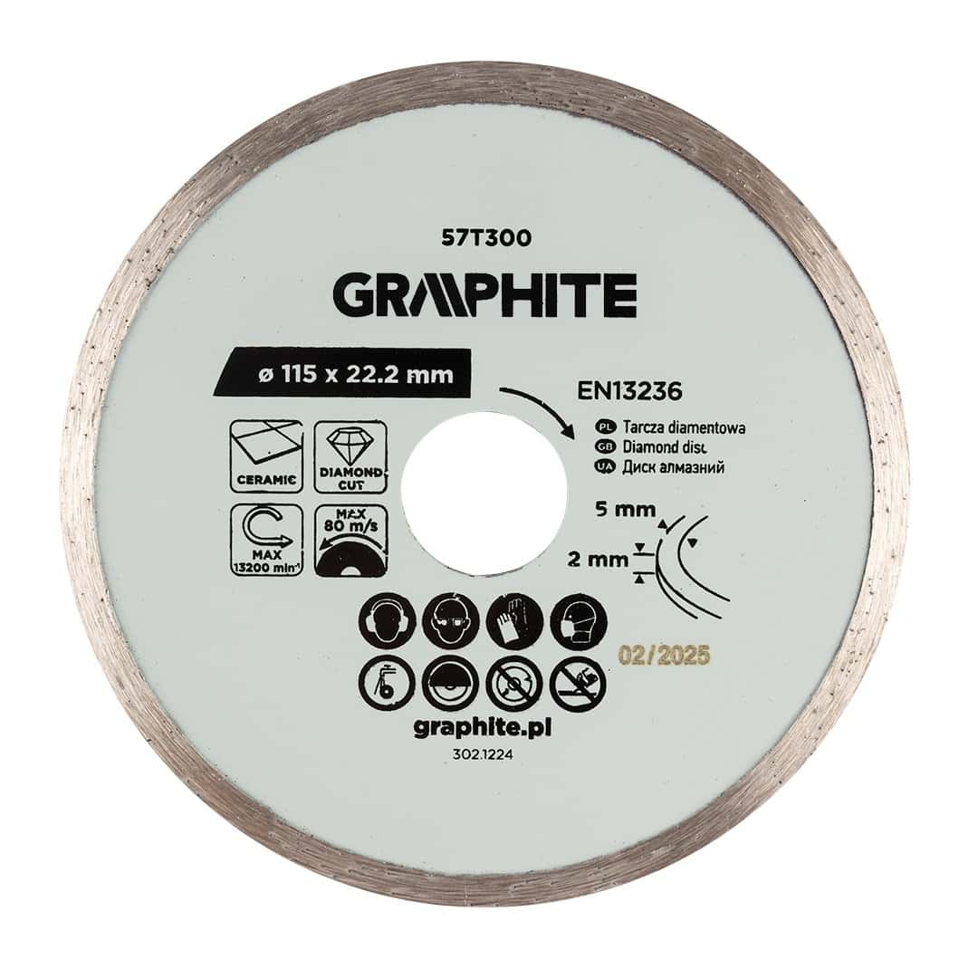 GRAPHITE Diamond cutting disc full for wet cutting 115 x 22.2 mm