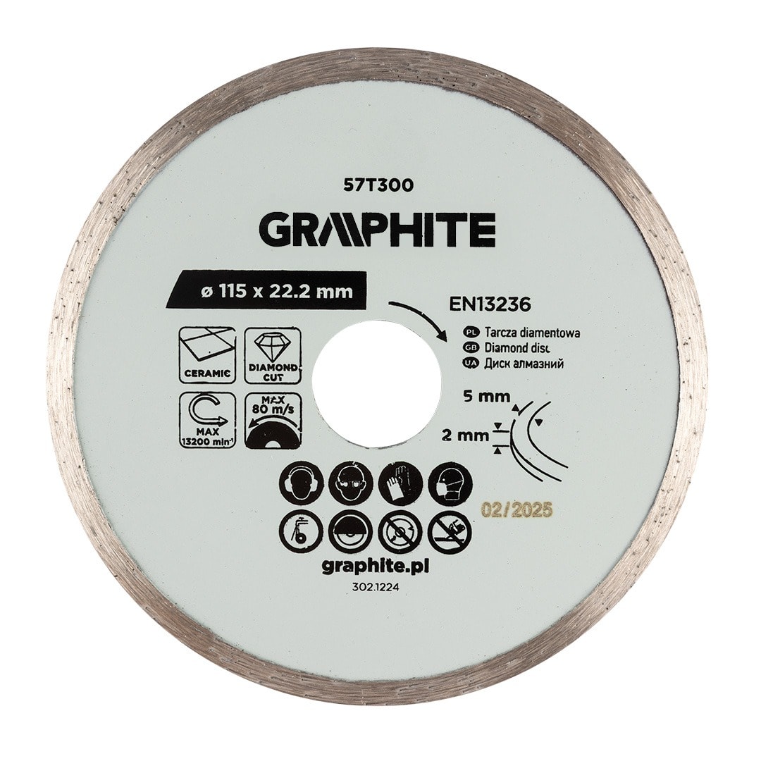 GRAPHITE Diamond cutting disc full for wet cutting 115 x 22.2 mm
