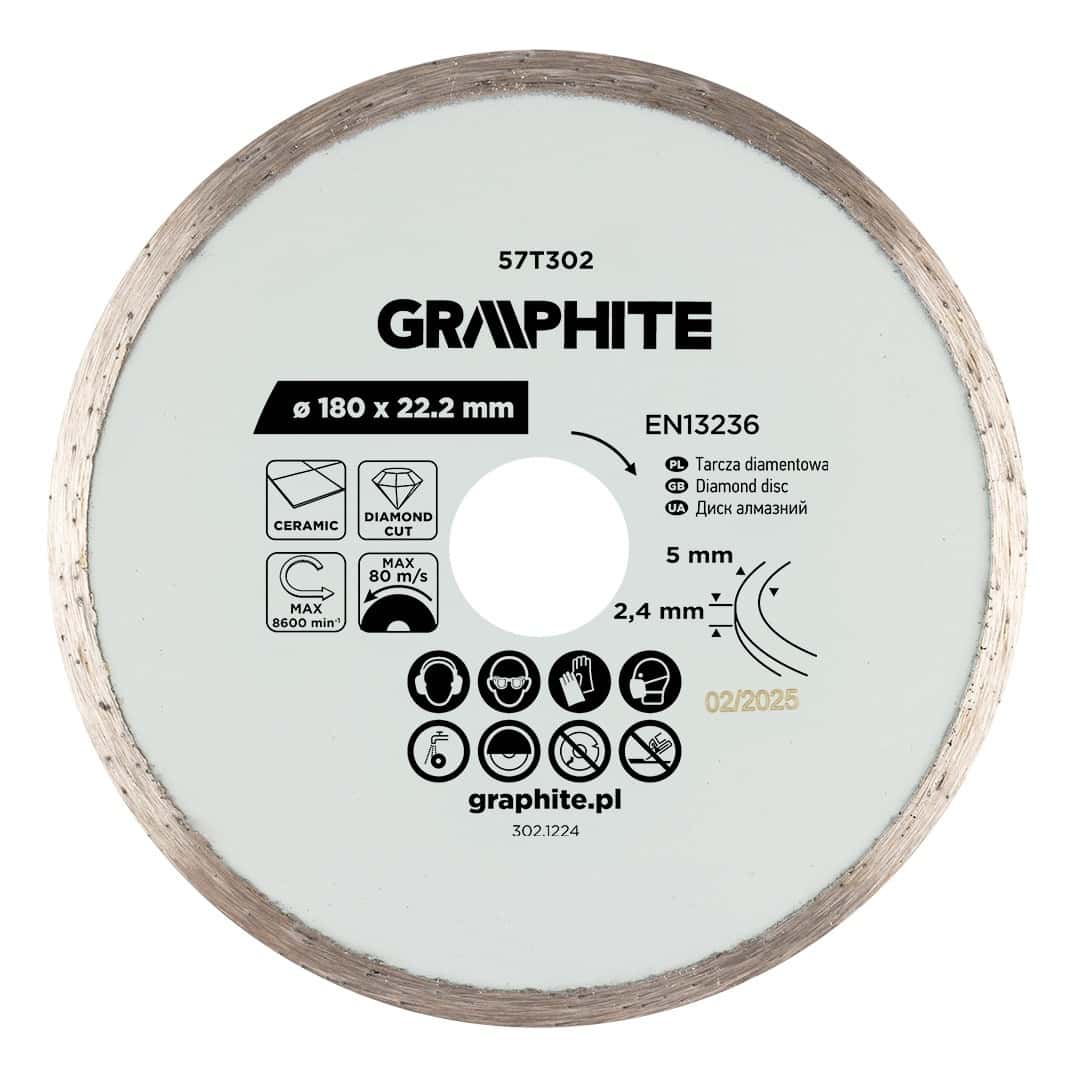 GRAPHITE Diamond cutting disc full for wet cutting, 180 x 22.2 mm