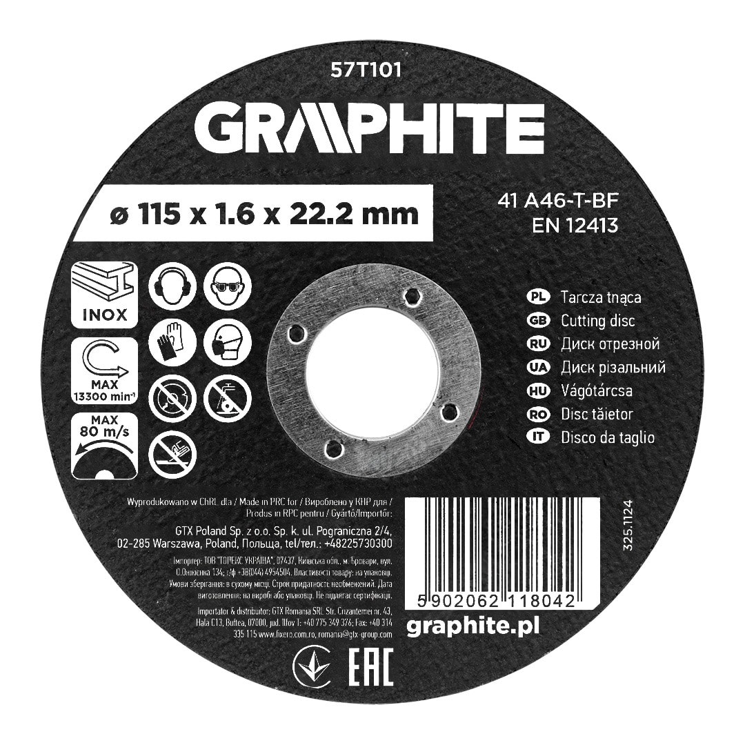 GRAPHITE Corundum cutting disc for metal/INOX 115 mm - reliable cutting