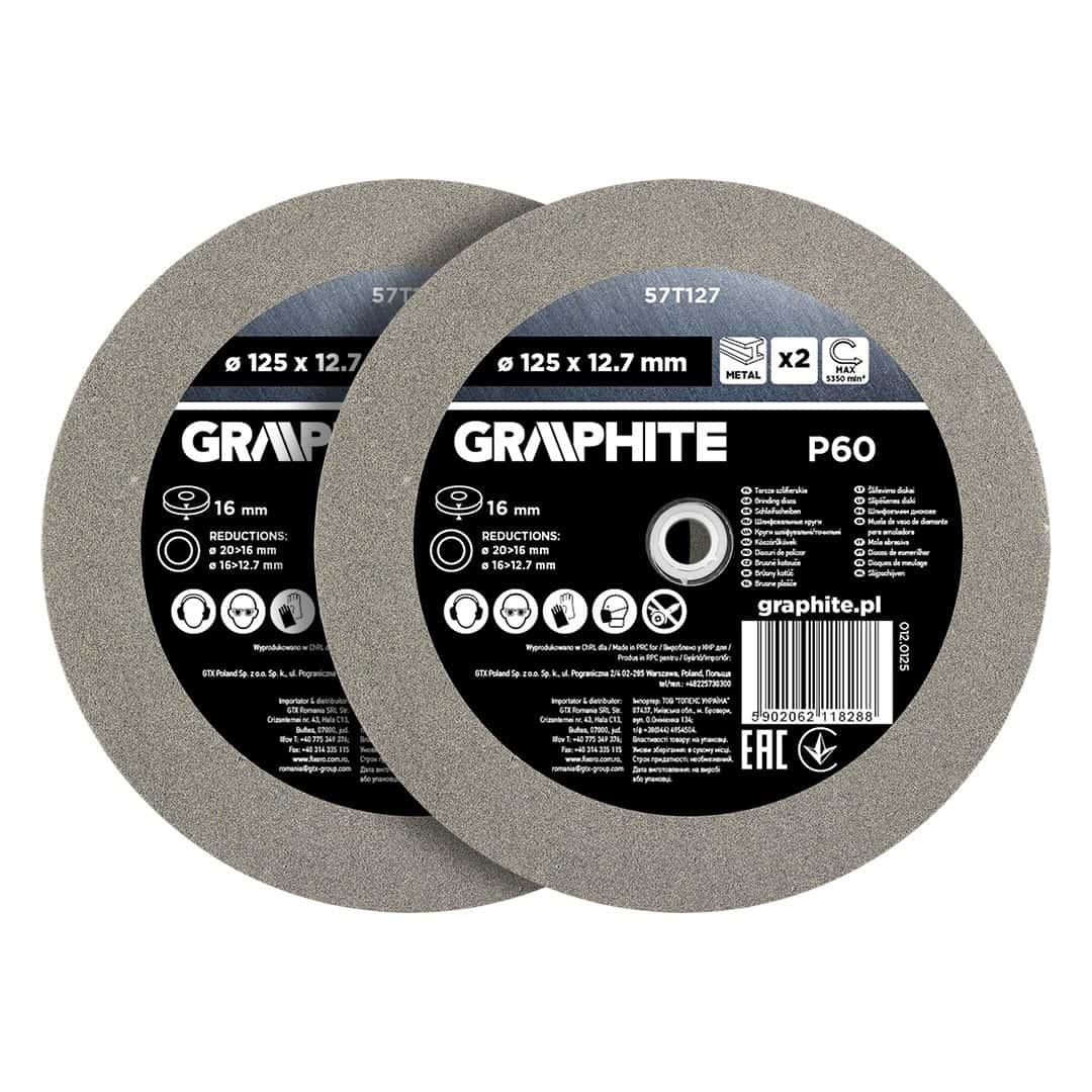 GRAPHITE Grinding wheels 125 x 16 mm P60 - 2 pieces for bench grinder