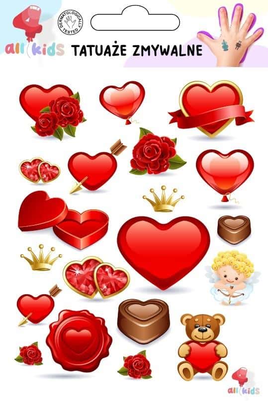 All4Kids Washable Tattoos for Children - Hearts Valentine's Day